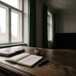 Notizbuch mit Wireframe-Skizzen auf dunklem Walnussschreibtisch in Münchner Altbau-Büro