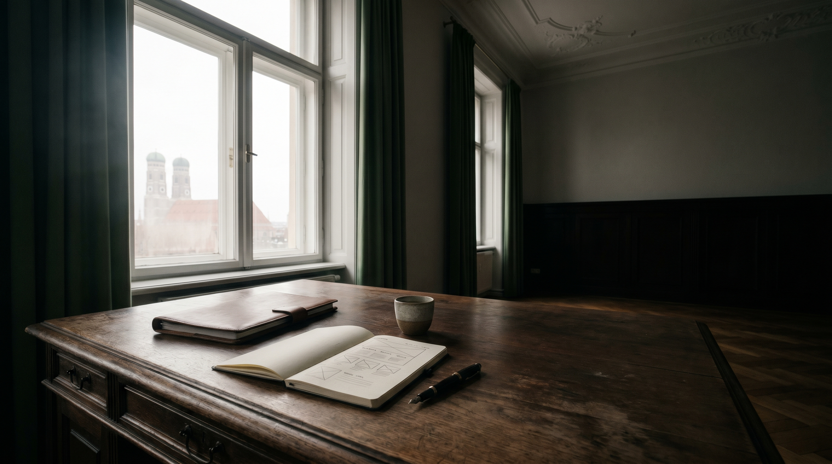 Notizbuch mit Wireframe-Skizzen auf Walnussschreibtisch im Münchner Altbau-Büro