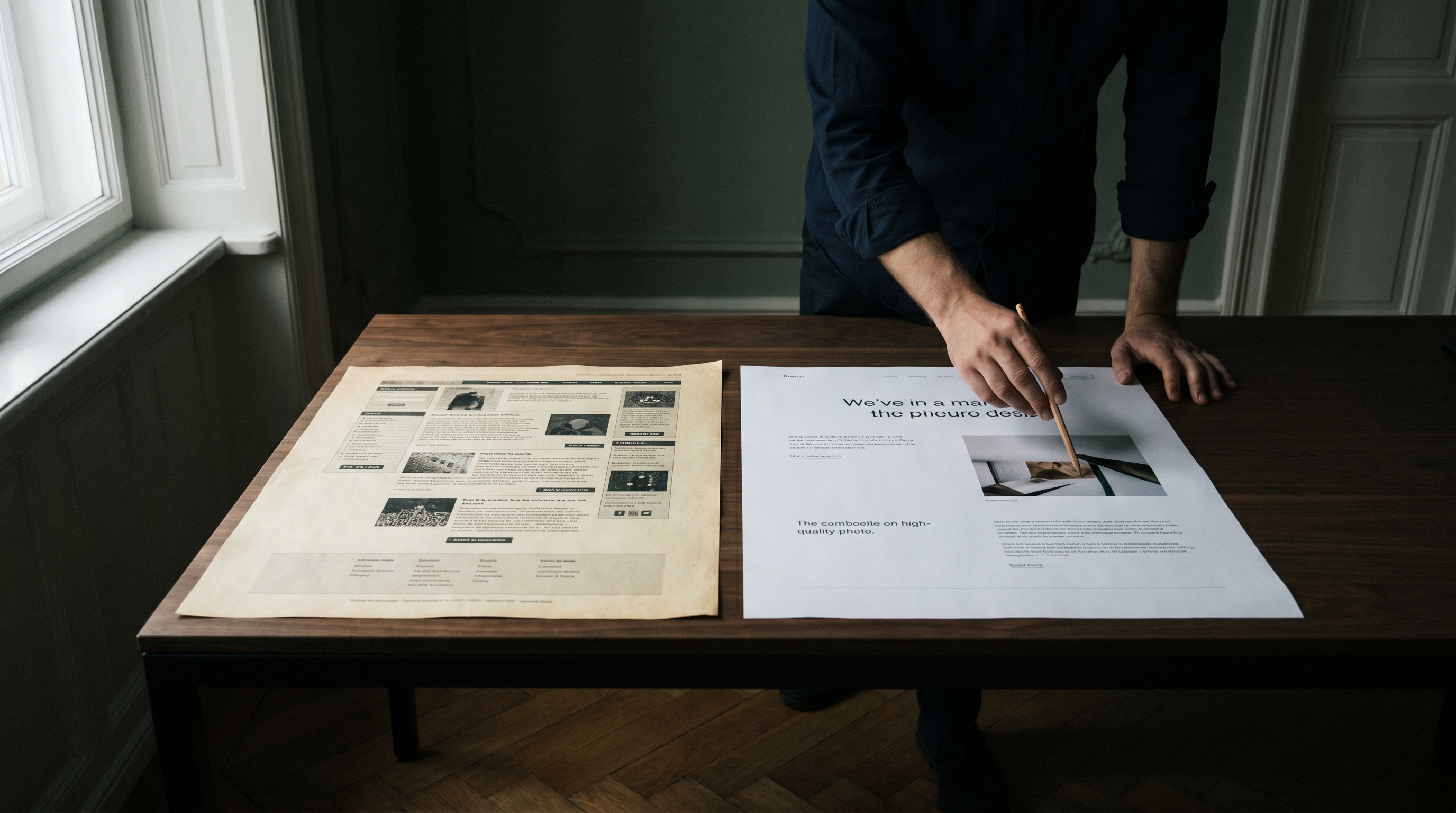 Vorher-Nachher-Layouts auf einem Walnussschreibtisch im dunklen Münchner Altbau-Büro