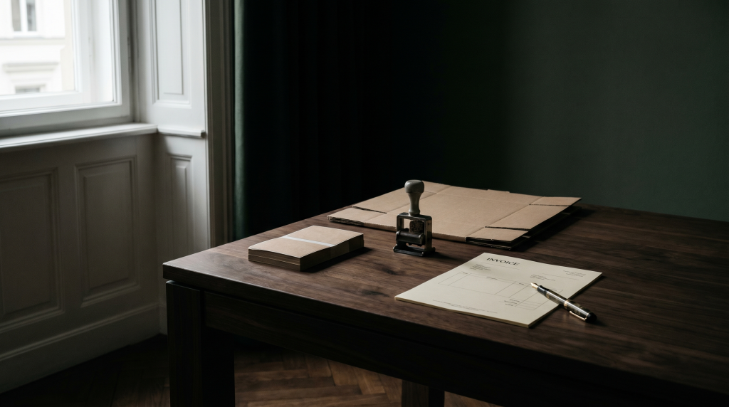Versandetiketten und Stempel auf dunklem Walnussschreibtisch im Altbau-Büro