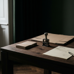Versandetiketten und Stempel auf dunklem Walnussschreibtisch im Altbau-Büro