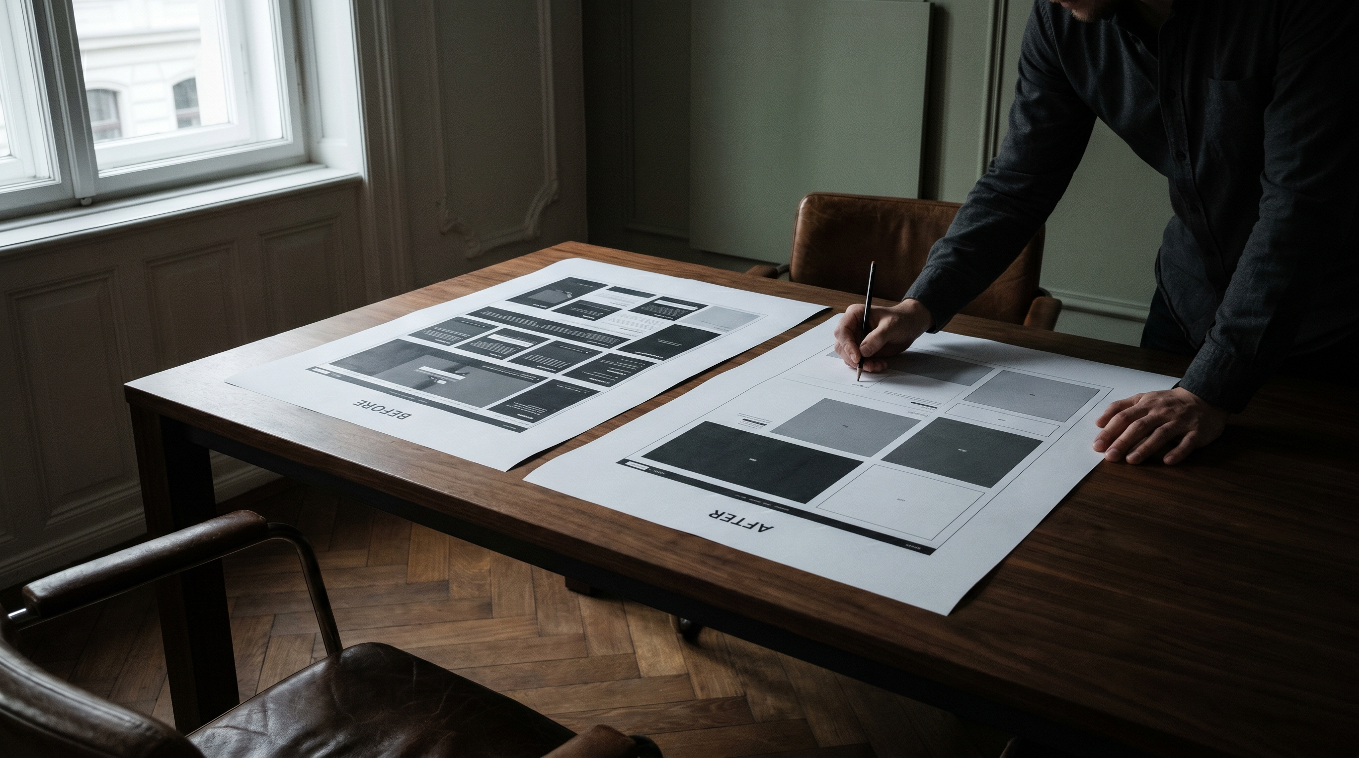 Annotierte Vorher-Nachher-Layouts mit Bleistift im dunklen Münchner Altbau-Büro