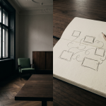 Notizbuch mit Landing-Page-Prozess-Schritten im Altbau-Büro