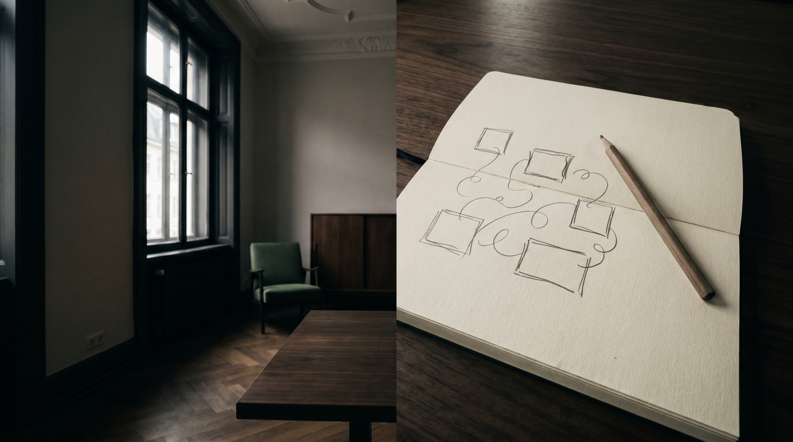 Notizbuch mit handgezeichneten Landing-Page-Prozess-Schritten im dunklen Münchner Altbau-Büro