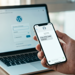 Hand hält Smartphone mit 2FA-Code-SMS vor WordPress-Login-Bildschirm auf Laptop. DSGVO-konform mit reportedIP Pro