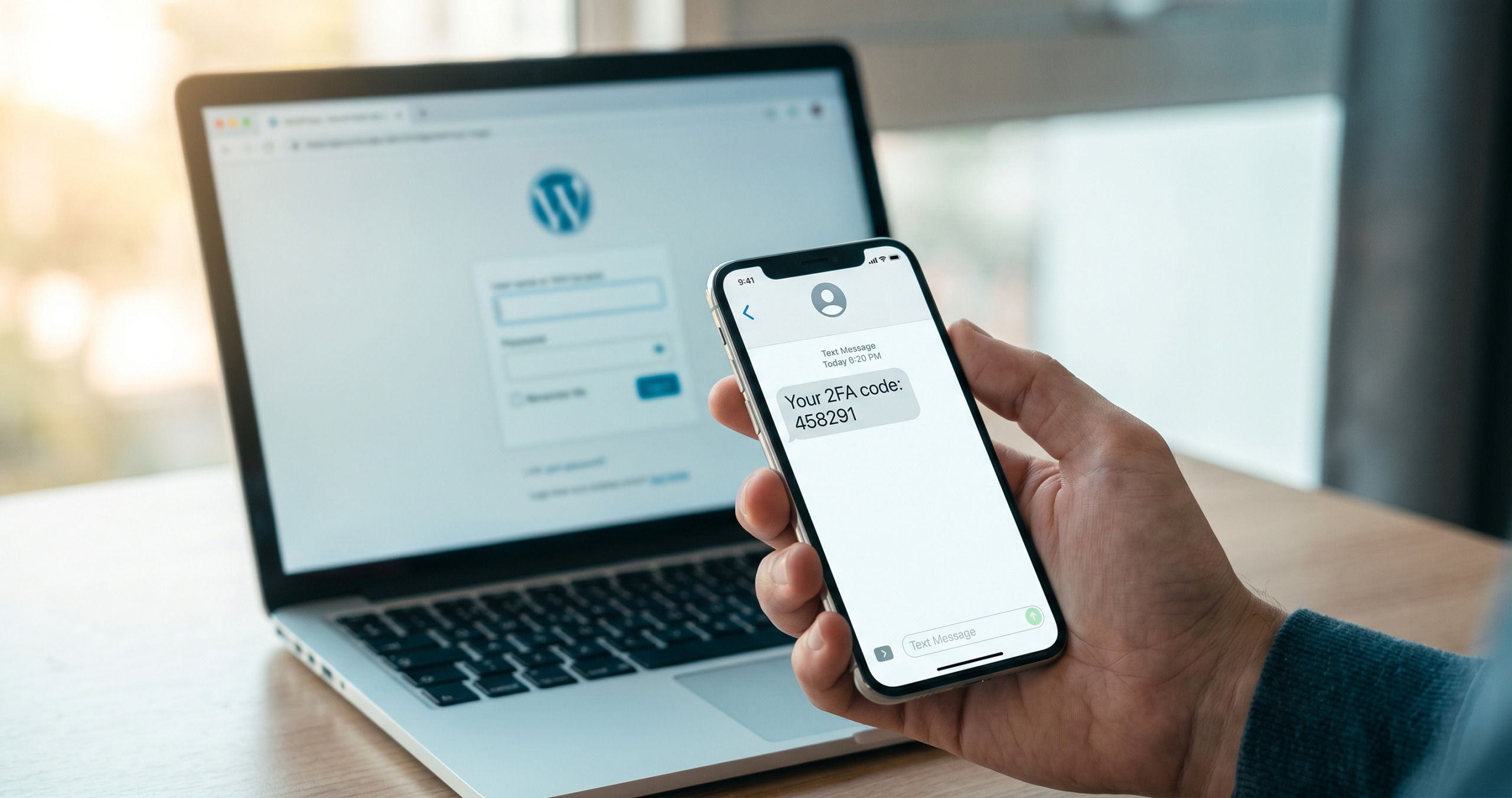 Hand hält Smartphone mit 2FA-Code-SMS vor WordPress-Login-Bildschirm auf Laptop. DSGVO-konform mit reportedIP Pro