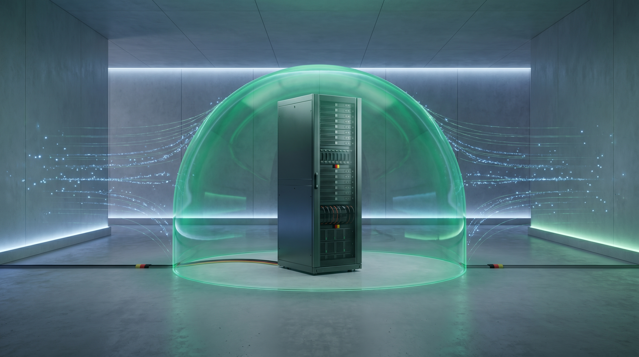 Deutsches Server-Rack mit translucentem grünem Schutzschild. Daten fließen rein nicht raus
