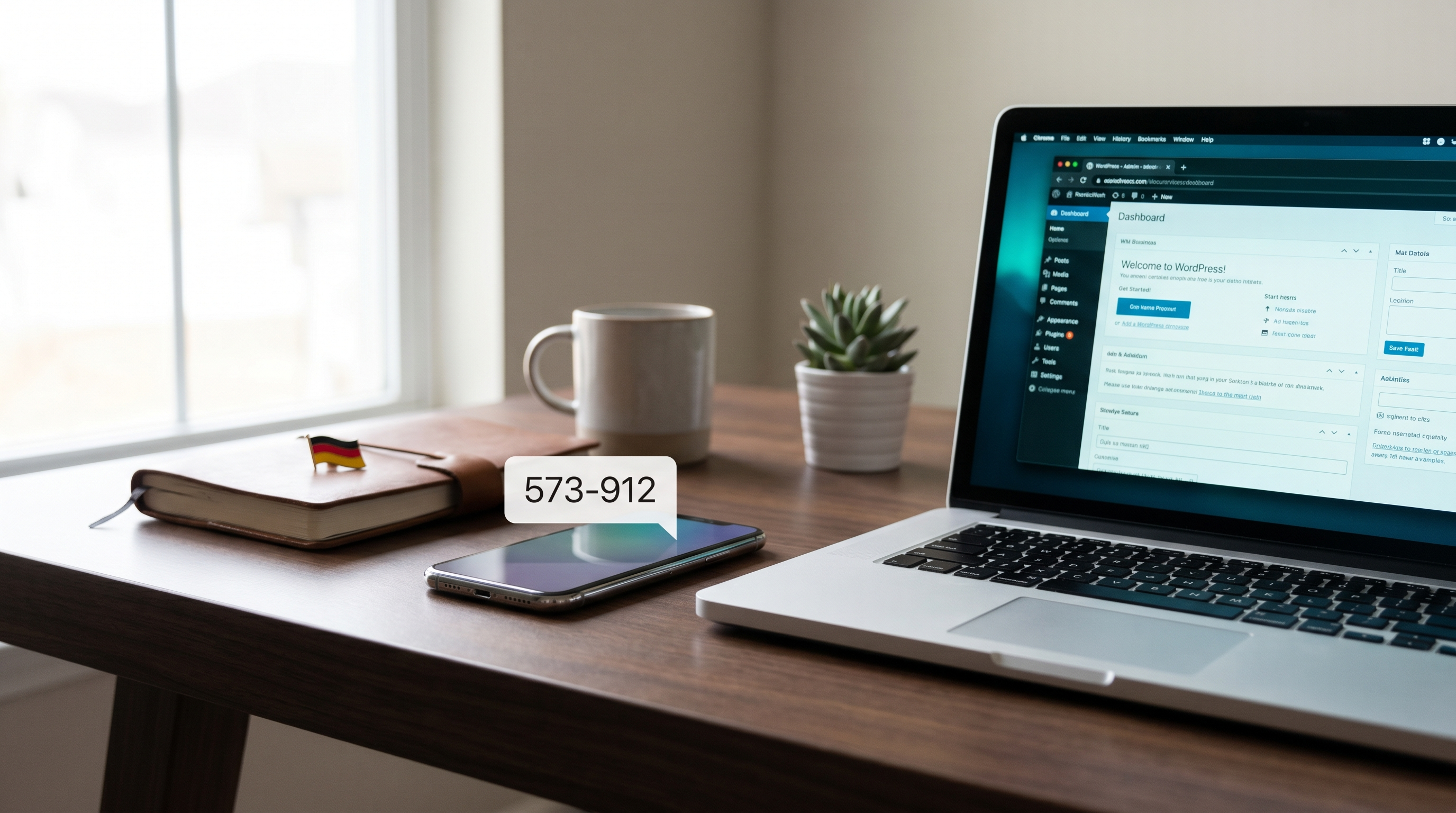 Smartphone mit 2FA-Code-Notification neben Laptop mit WordPress-Dashboard und deutscher Flagge auf Notizbuch