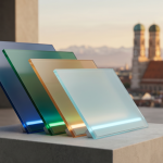 Vier Glaspanels in Brand-Farben vor Münchner Frauenkirche-Skyline. Sicherheits-Stack-Layer DSGVO-konform