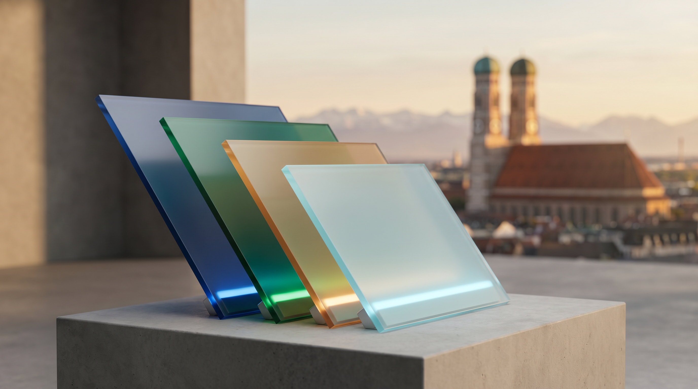 Vier Glaspanels in Brand-Farben vor Münchner Frauenkirche-Skyline. Sicherheits-Stack-Layer DSGVO-konform