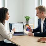 CMS-ADMINS-IT-Spezialisten beim Setup-Termin mit Kunde Smartphone und Laptop in Münchner Büro