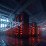Großer US-Server-Raum mit roten Server-Racks aggregiert WordPress-Telemetriedaten aus aller Welt