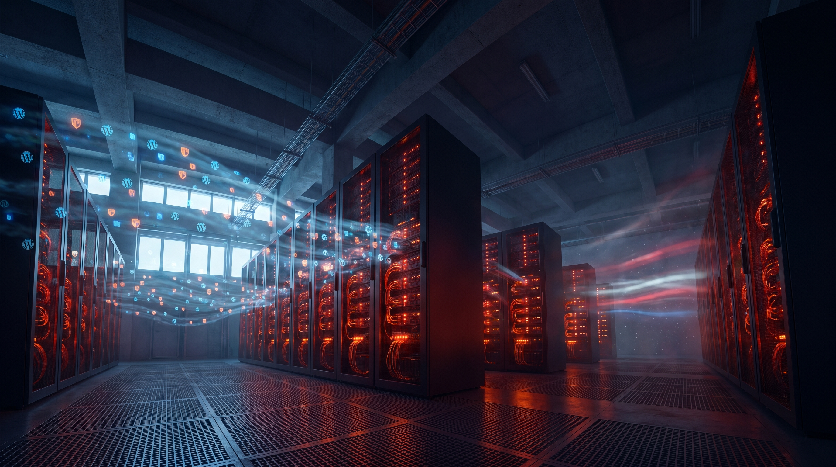 Großer US-Server-Raum mit roten Server-Racks aggregiert WordPress-Telemetriedaten aus aller Welt