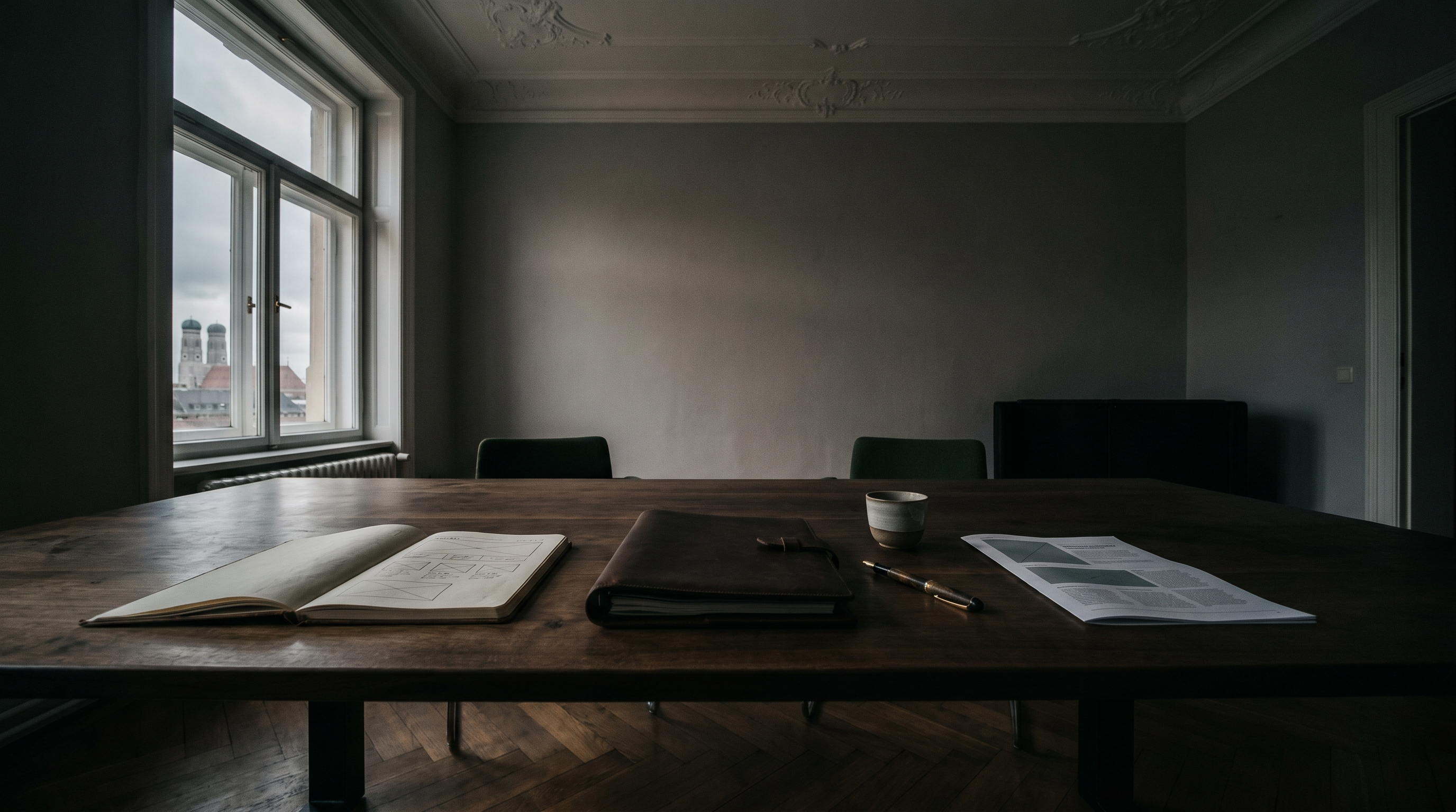Walnussschreibtisch im Münchner Altbau-Büro mit Layout-Skizzen und Lederportfolio