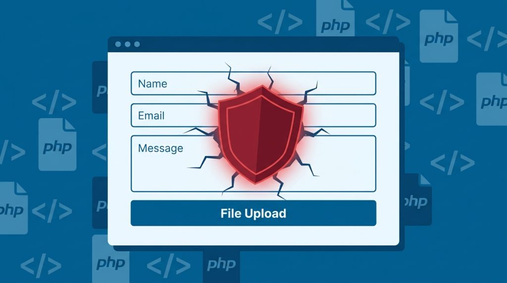 Warnschild durchbricht Kontaktformular mit Datei-Upload-Feld – Symbolbild Elementor Pro Sicherheitslücke CVE-2026-32475