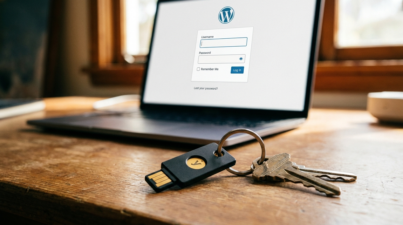 YubiKey 5 am Schlüsselbund vor Laptop mit WordPress-Login-Maske. FIDO2-Hardware-Login