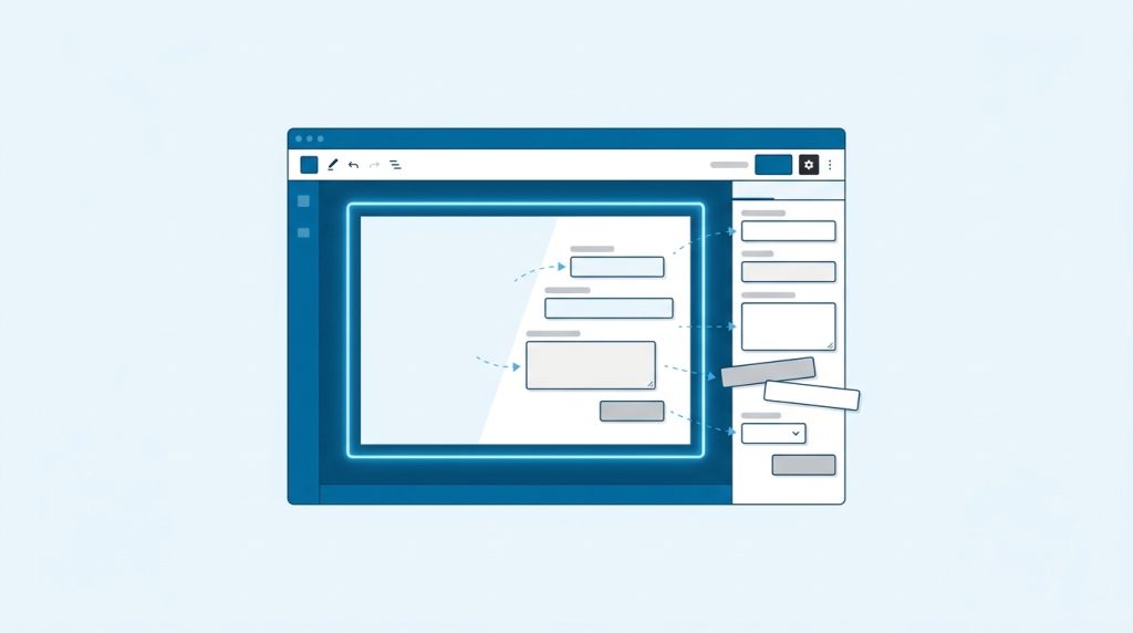Illustration: WordPress-Editor mit iframe-Canvas, ACF-Formularfelder wandern in die Sidebar