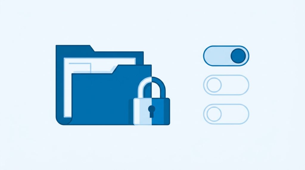 Flat-Vector-Illustration: Ordner mit Schloss und drei Berechtigungs-Schaltern als Symbol für Unix-Dateirechte