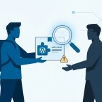 Illustration: Ein WordPress-Plugin wird von einem Entwickler an eine unbekannte Person übergeben, Lupe prüft den Autorennamen