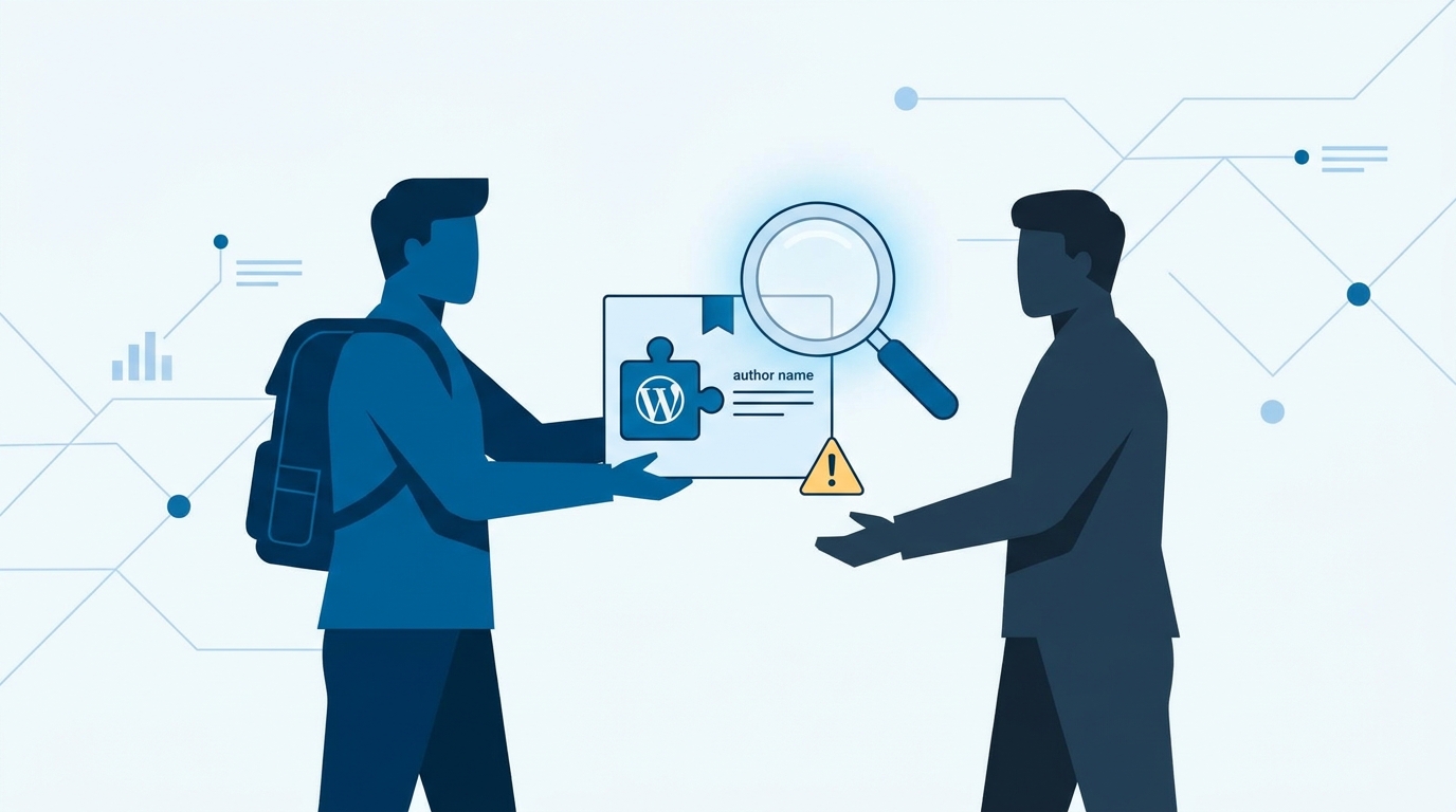 Illustration: Ein WordPress-Plugin wird von einem Entwickler an eine unbekannte Person übergeben, Lupe prüft den Autorennamen