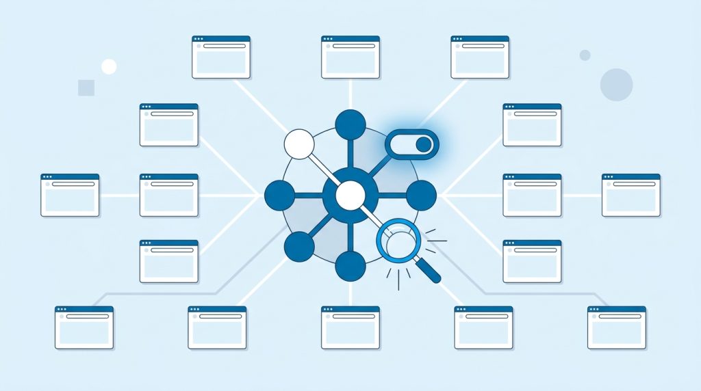 Flat-Vector-Illustration eines WordPress-Multisite-Netzwerks: zentraler Netzwerk-Knoten mit Einstellungs-Schalter und Lupe, verbunden mit vielen Subsites