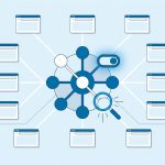 Flat-Vector-Illustration eines WordPress-Multisite-Netzwerks: zentraler Netzwerk-Knoten mit Einstellungs-Schalter und Lupe, verbunden mit vielen Subsites