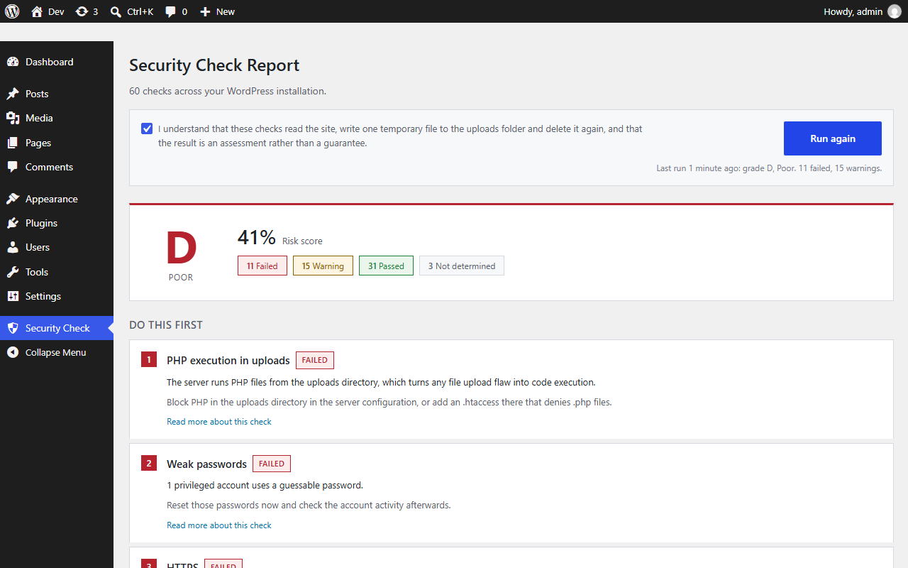 Security Check Report Dashboard mit Note, Risikowert und den fuenf wichtigsten Massnahmen