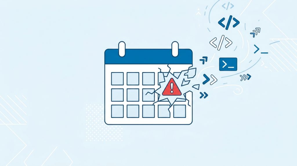 The Events Calendar Sicherheitslücke: aufgebrochener Kalender mit Warnsymbol und Code-Symbolen als Sinnbild für Remote Code Execution