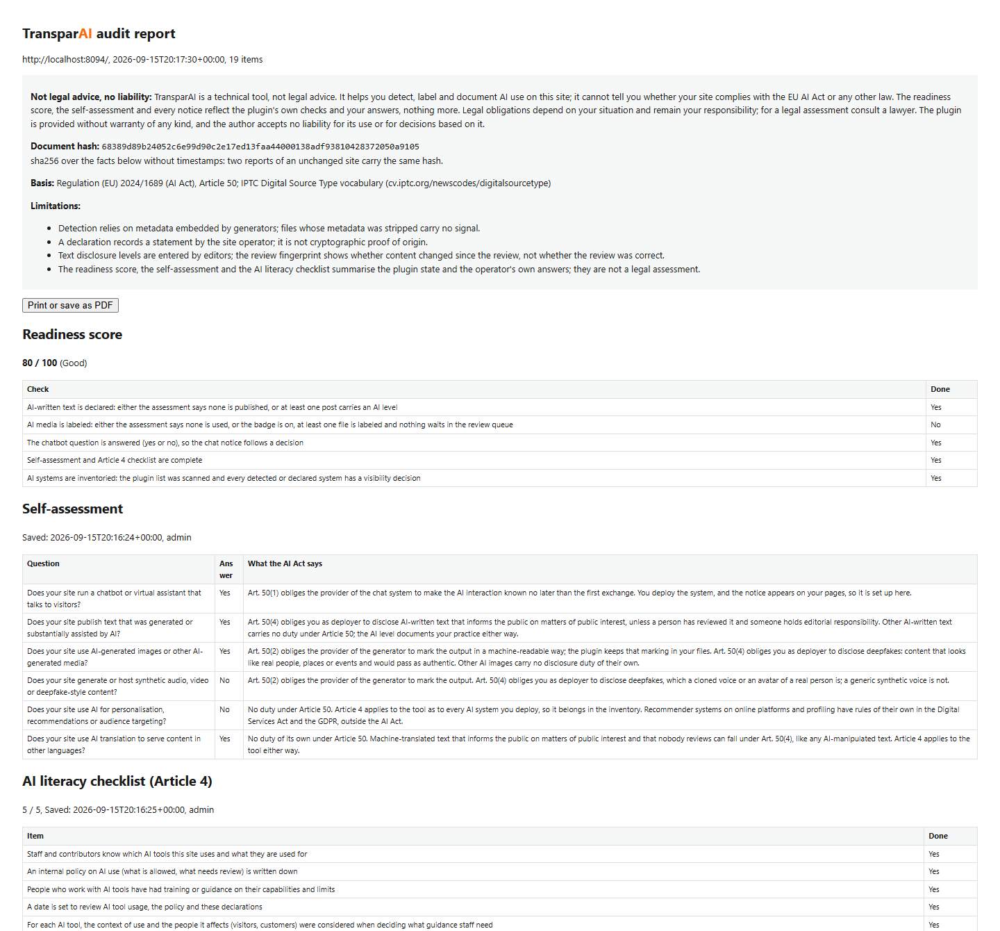 TransparAI Compliance-Report in der Druckansicht mit Dokument-Hash als Nachweis
