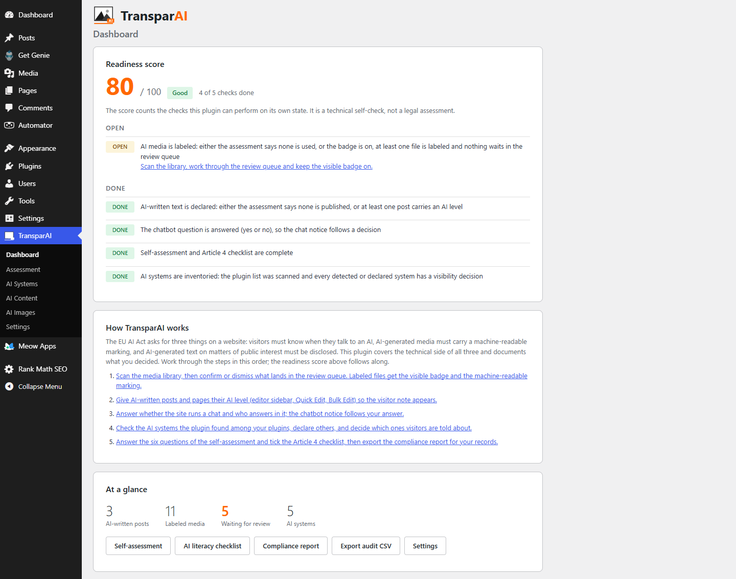 TransparAI Dashboard mit Readiness-Score und offenen Pruefpunkten zur EU-AI-Act-Umsetzung in WordPress