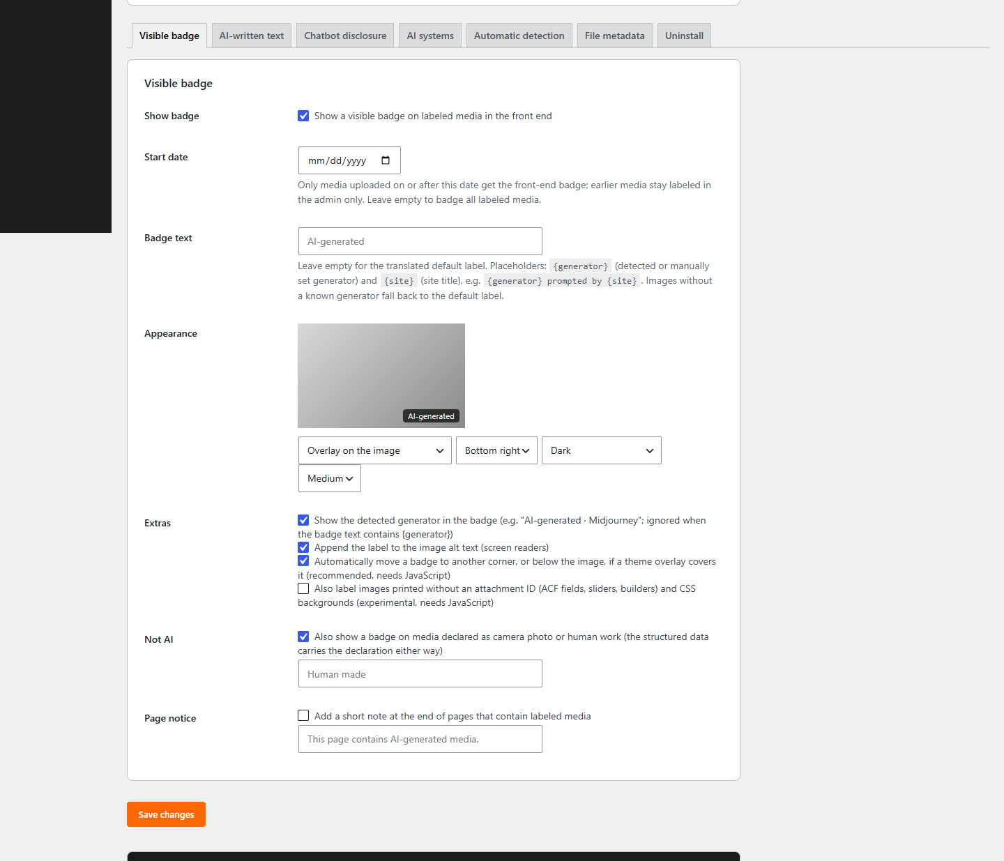 TransparAI Einstellungen fuer das KI-Badge mit Live-Vorschau, Alt-Text und Seitenhinweis