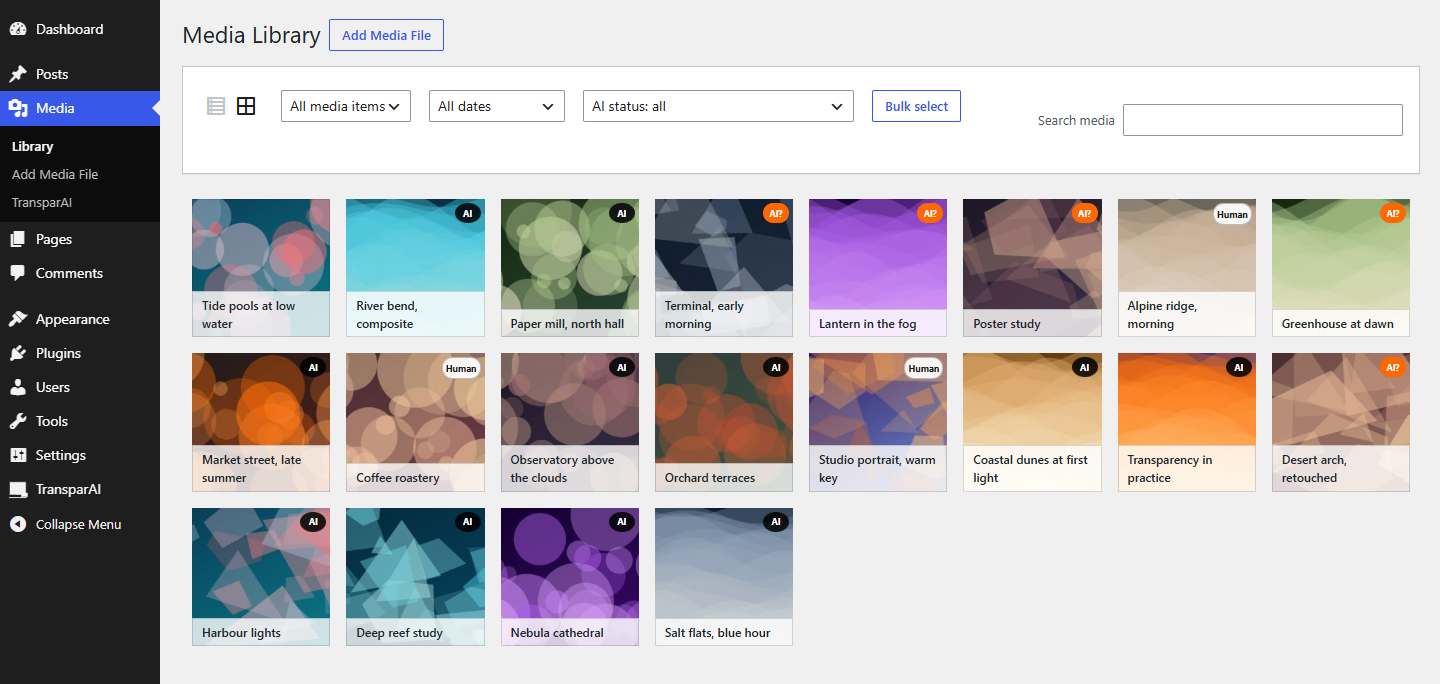 WordPress-Mediathek mit KI-Badges an generierten Bildern und Filter nach KI-Status in TransparAI