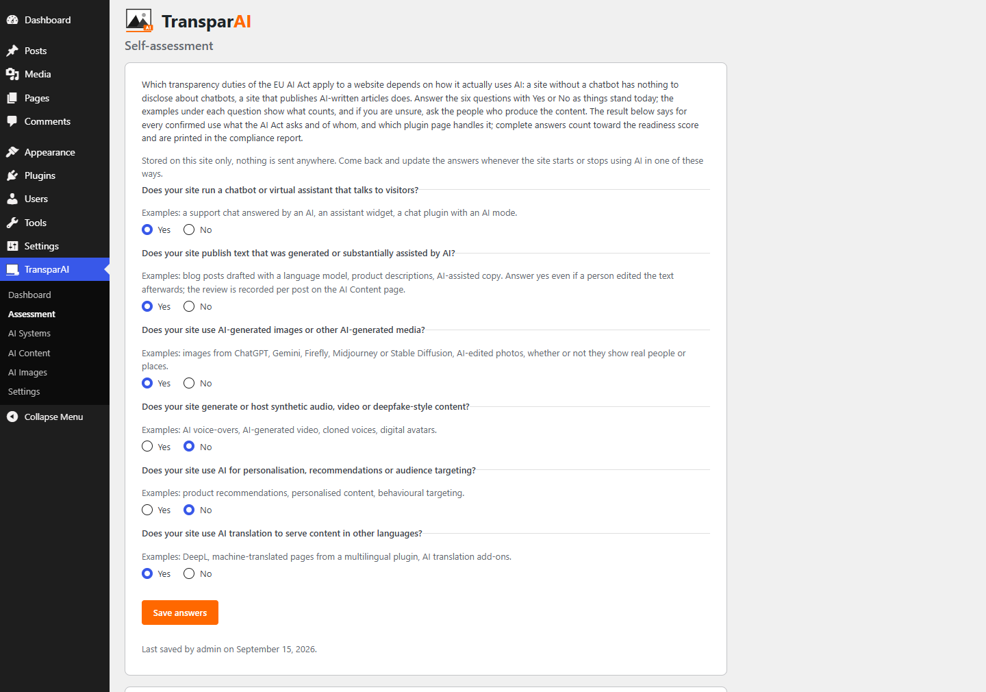 TransparAI Selbsteinschaetzung mit sechs Fragen zu KI-Nutzung und den daraus folgenden Transparenzpflichten
