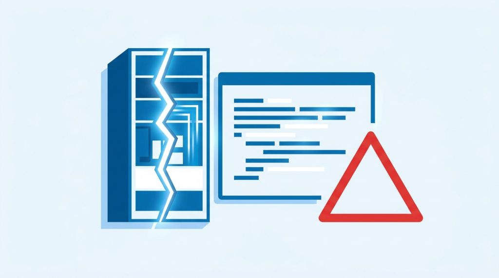 Illustration: aufgebrochener Server mit Warndreieck, kritische PHP-Sicherheitslücken PHP2Shell
