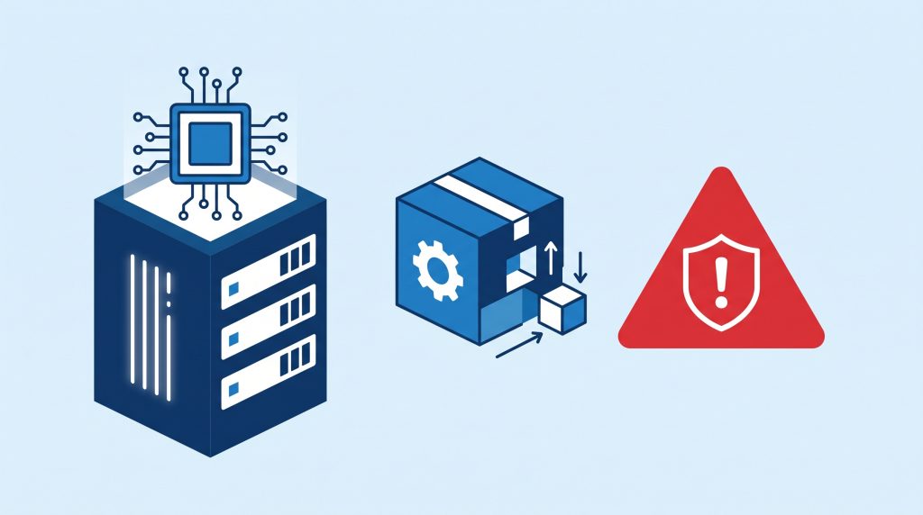 Illustration: ARM64-Server mit Prozessor, Softwarepaket mit Zahnrad und rotem Warnsymbol zum PHP-Sicherheitsupdate