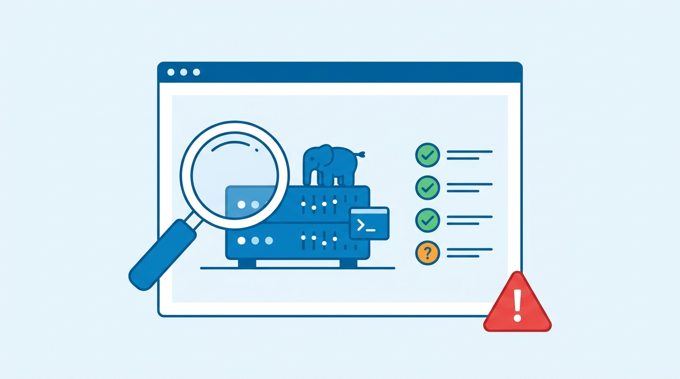 Illustration: Lupe prüft einen PHP-Server, Checkliste mit grünen Haken und einem offenen orangefarbenen Punkt