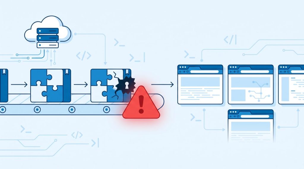 Illustration: manipuliertes Plugin-Paket mit Hintertür und rotem Warnsymbol auf dem Weg zu WordPress-Websites (Supply-Chain-Angriff Rank Math PRO)