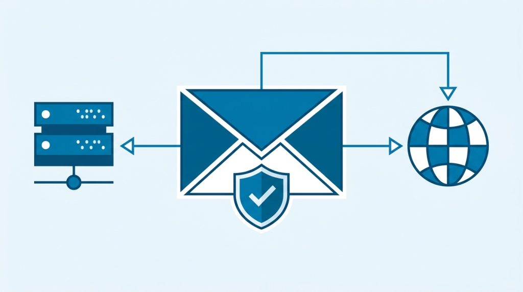 Illustration: Briefumschlag mit Schutzschild und Haken zwischen DNS-Server und Globus – SPF-Eintrag sichert den E-Mail-Versand
