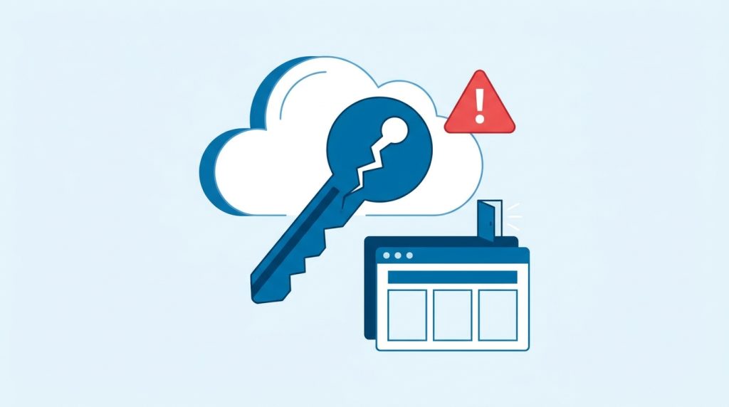 Illustration: gebrochener Schlüssel vor einer Cloud mit Warndreieck und WordPress-Fenster mit Hintertür – UpdraftPlus-Sicherheitsvorfall