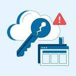 Illustration: gebrochener Schlüssel vor einer Cloud mit Warndreieck und WordPress-Fenster mit Hintertür – UpdraftPlus-Sicherheitsvorfall