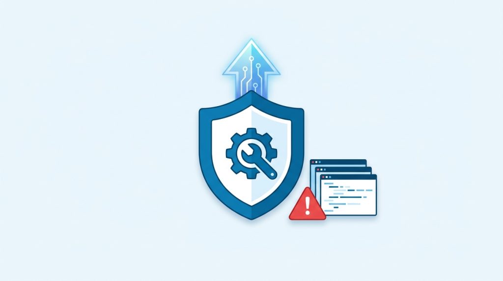 WordPress 7.1.3 Sicherheitsupdate: Schutzschild mit Wartungssymbol, Update-Pfeil und Warnhinweis