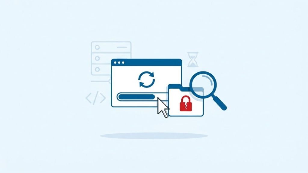 Illustration: WordPress-Update mit aufgebrochenem Schloss am Upgrade-Ordner und Lupe zur Prüfung